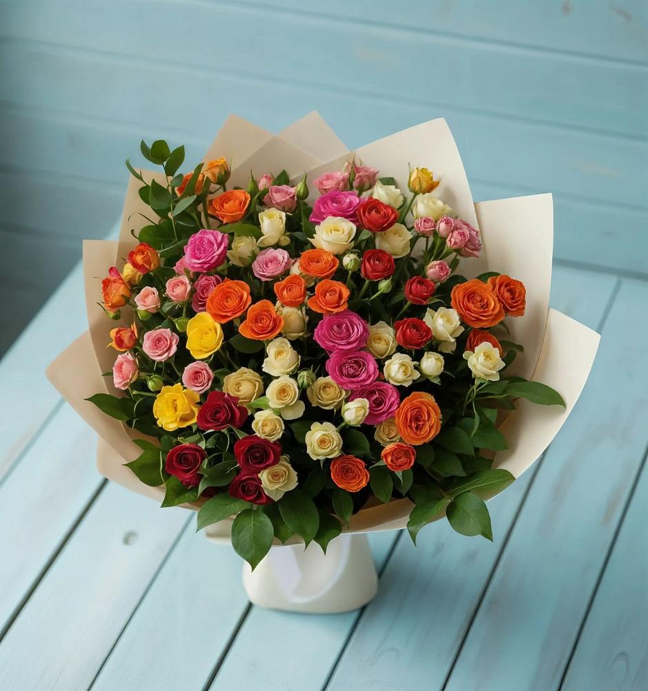Букет Микс из разноцветных кустовых роз в Кудрово Ленинградская область